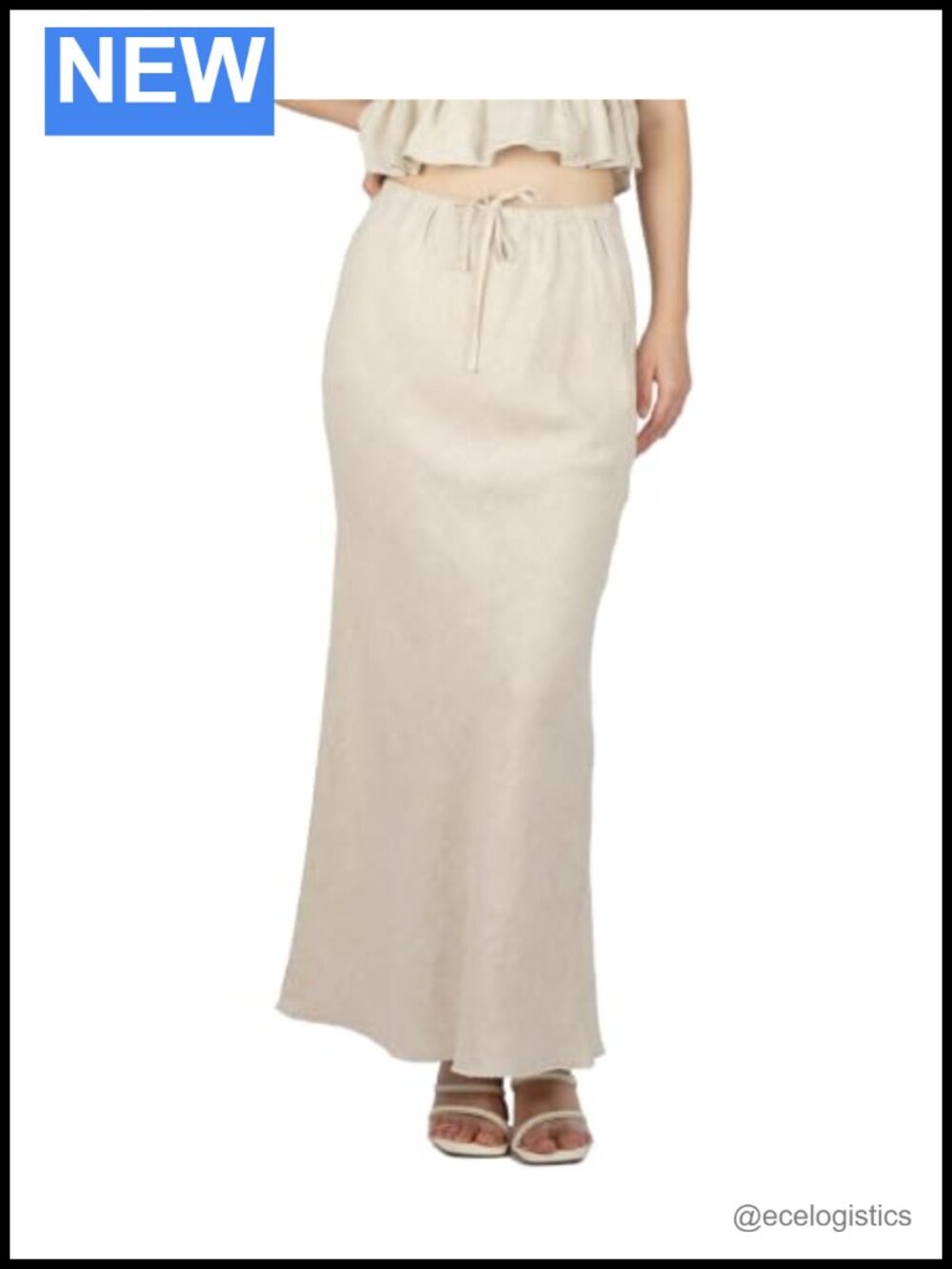 100% Linen Maxi Skirt Ankle Length Flared Drawstring Waist